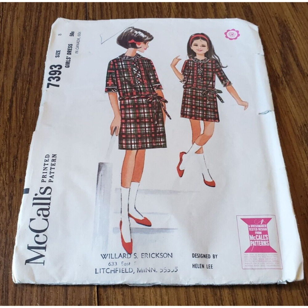 McCalls 7393 Pattern Straight Dress Casual Vintage 1960's Size Girls 8